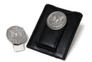 image displaying morgan silver dollar wallet in black and sterling silver morgan silver dollar money clip