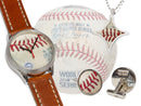 image displaying a 2020 world series baseball watch, baseball cuff links, and star-shaped baseball pendant over a 2020 world series baseball.