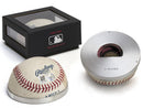 image displaying top and bottom of half baseball bottle opener with black gift box.