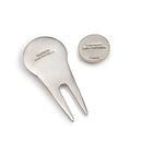 metal divot tool and ball marker with engraved text reading, "panthers 2018 football" on a white background.