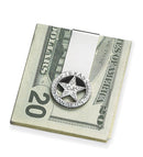 texas ranger badge money clip holding a twenty-dollar bill.