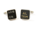 image displaying cockpit panel cuff links with aviation terms