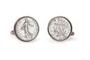 image displaying a pair of french half franc coins set in sterling silver bezel cuff links.