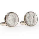cufflinks made from italian lira coins on a white background