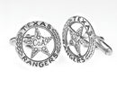 image displaying a pair of sterling silver texas rangers badge cuff links.