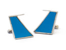 image displaying a pair of blue pan amt tail fin shaped sterling silver cuff links.