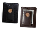 image displaying black and brown pebbled leather indian head penny money clip wallets.