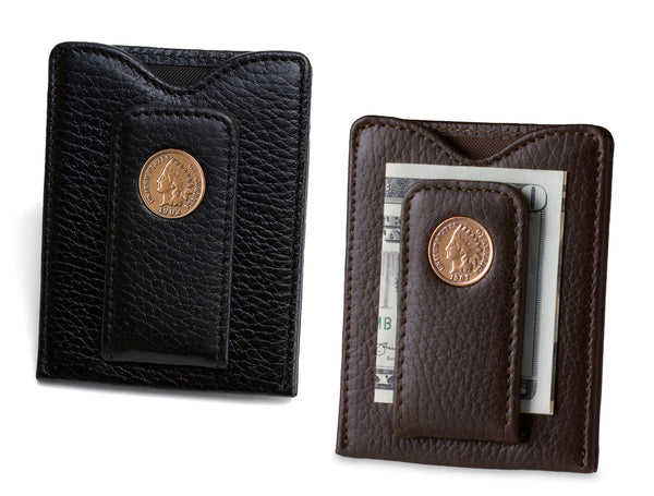 Image displaying black and brown pebbled leather Indian Head penny money clip wallets.