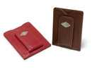 image displaying inset copper medallions in black and brown wallets 