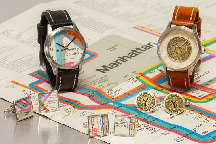 Image displaying vintage Vignelli map watch and two pairs of cuff links and the NY Token watch and sterling silver bezel token cuff links.