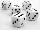 five white dice with black dots on a light gray background