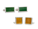 image displaying two pairs of cuff links, both in sterling silver bezel settings. one is rectangular with a green parquet inset and the other is square with a brown parquet pattern.