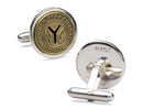 image displaying front and back of new york transit token cuff links
