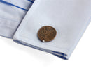 image displaying dutch east indian coin cuff link on shirt cuff