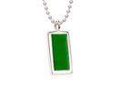 image displaying rectangular green parquet pendant with sterling silver bezel and silver ball chain.