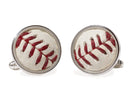 image displaying a pair of baseball cuff links with red stitching. 