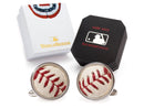 image displaying baseball cuff links with a black mlb authenticated cuff links box with a white world series outer box.