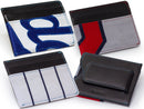 image displaying four uniform money clip wallets, three of which show off the jersey material and one that showcases the back.