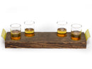 image displaying a frontal shot of the large version of the lambeau field bench beer flight with four shot glasses.