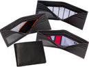 image displaying four billfold leather wallets, three of which are open and displaying the inner uniform panel.